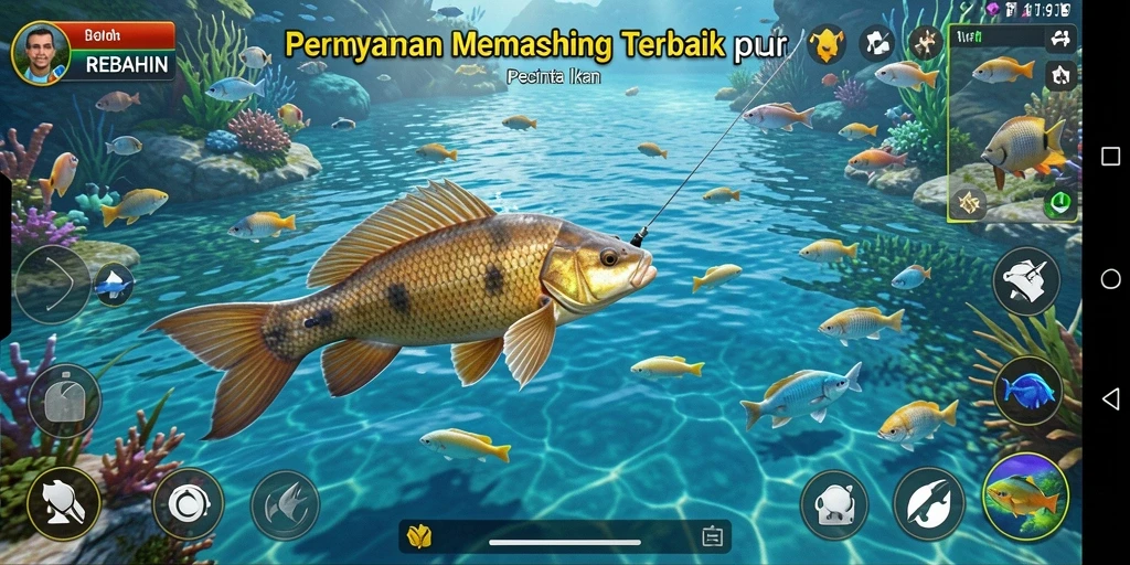 Tampilan gameplay seru dalam REBAHIN saat memancing ikan.