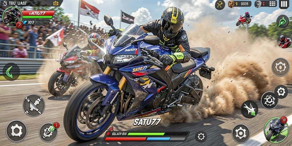 Gameplay seru SATU77 dengan balapan motor yang mendebarkan.