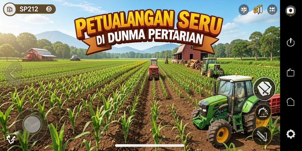 Tampilan gameplay SP212 menampilkan ladang yang subur dengan berbagai tanaman dan hewan.
